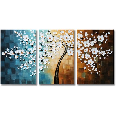Winpeak Hand-painted White Flower Oil Painting Modern Floral Canvas Wall Art Abstract Plum Blossom Artwork Stretched and Framed Ready To Hang - BWALV9UAK