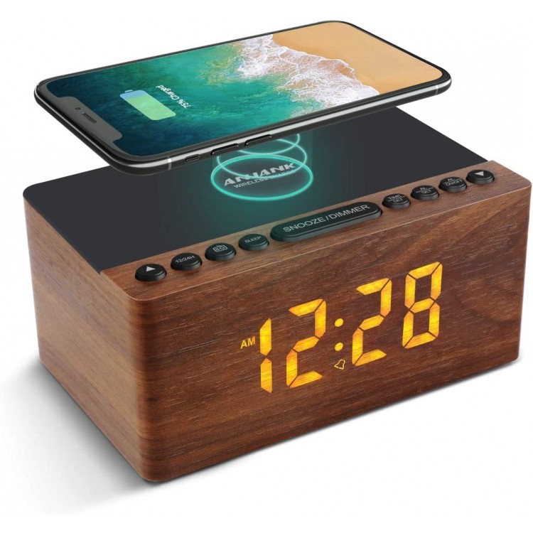 ANJANK Wooden Digital Alarm Clock FM Radio,10W Fast Wireless Charger Station for iPhone Samsung Galaxy,5 Level Dimmer,USB Charging Port,2 Wake up Sounds,Bedrooms Sleep Timer,Wood LED Clock for Bedside - BSB427K6S