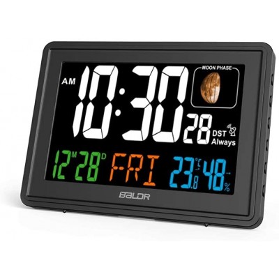 BALDR Atomic Alarm Clock Large Color Display Digital Desk Clock With Indoor Thermometer for Temperature & Humidity Date & Real-Time Moon Phases Perfect Office Clock or Nightstand Clock Black - BDBMA846W