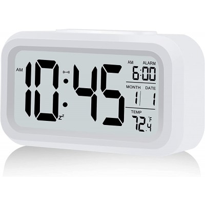 Digital Alarm Clock Battery Operated Alarm Clock with Smart Night Light | Snooze | Date | 12 24H | Indoor Temperature 4.3" LCD Alarm Clocks for Bedrooms Home Desk Travel Best Gift for TeensWhite - B9UYUJN0Z