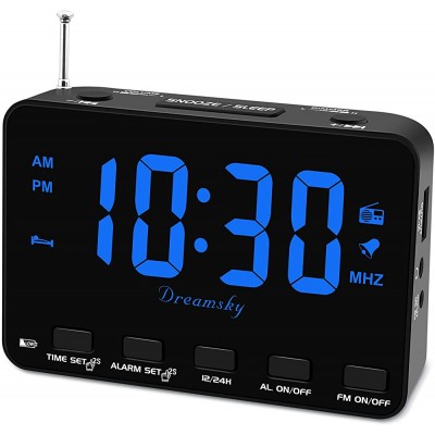 DreamSky Alarm Clock Radio for Bedroom Small Digital Clock with USB Port Outlet Powered with Battery Backup 0-100% Dimmable Display Transistor FM Radio with Earphone Jack Snooze 12 24H - B19RUQGOF
