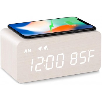 MOSITO Digital Wooden Alarm Clock with Wireless Charging 0-100% Dimmer Dual Alarm Weekday  Weekend Mode Snooze Wood LED Clocks for Bedroom Bedside Desk Kids White - BL5H0PTV9