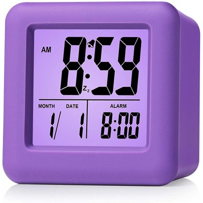 Plumeet Digital Alarm Clocks Travel Clock with Snooze and Purple Nightlight Easy Setting Clock Display Time Date Alarm Ascending Sound Battery Powered Purple - B9Z9MDBEI