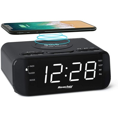 REACHER Digital Alarm Clock Radio with Wireless Charging & USB Charger Large Dimmable LED Display for Bedroom FM Radio with Sleep Timer 2 Wake Up Sounds Adjustable Volume Compact Size Black - B7TGY848B