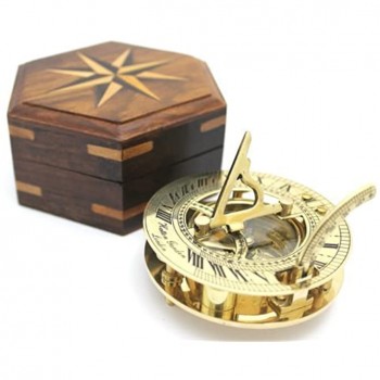 Nautical Solid Brass Round Sundial Compass with Design Rosewood Box Brass - BRZKWF1KV