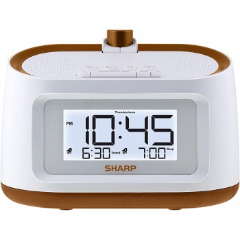 Sharp Projection Alarm Clock with Soothing Nature Sleep Sounds – Easy to Read Projection on Wall or Ceiling – 8 Sleep Sounds to Help Fall Asleep Faster White CAE with Gold Trim - BRRPDF85U