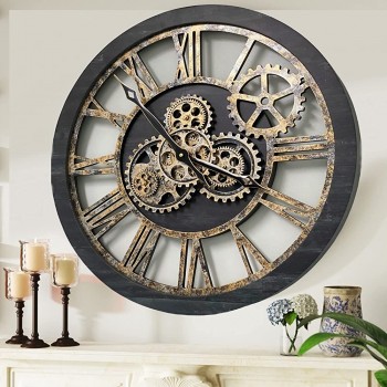 ImprovingLife The Original Real Moving Gear Wall Clock Vintage Industrial Oversized Rustic Farmhouse 24 inch 60cm Vintage Black Wood and Bronze - BJDRL26KP