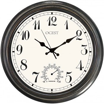 OCEST 16 Inch Retro Outdoor Wall Clock with Thermometer Battery Operated Waterproof Indoor Outdoor Clock for Bathroom Kitchen Bedroom Non-Ticking Decorative Clock - BIVE8EG1Q