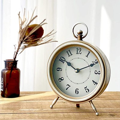 Vintage Table Clock On Stand,Decorative Desk and Shelf Clock,Antique Gold Frame White Face,Rustic Mantel Clock Farmhouse Clock Non-Ticking Antique Glod - BU7L50DZ0