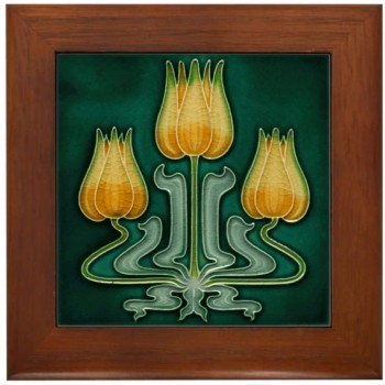 CafePress Framed Tile with Art Nouveau Yellow Tulips Framed Tile Decorative Tile Wall Hanging - BK0YHKQI4