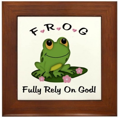 CafePress Frog Fully Rely On God Framed Tile Framed Tile Decorative Tile Wall Hanging - BQN6LE5EM