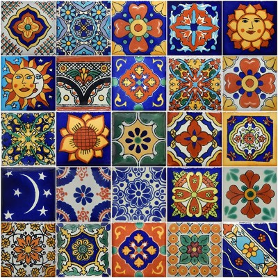 Color y Tradicion 50 Hand Painted Decorative Talavera Mexican Tiles 2"x2" - BNYDCOL2K