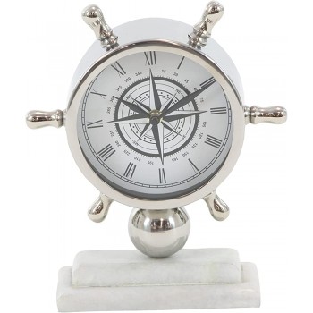 Deco 79 Stainless Steel and Marble Ships Wheel Table Clock 8" x 9" Silver White - BOLAN9M92