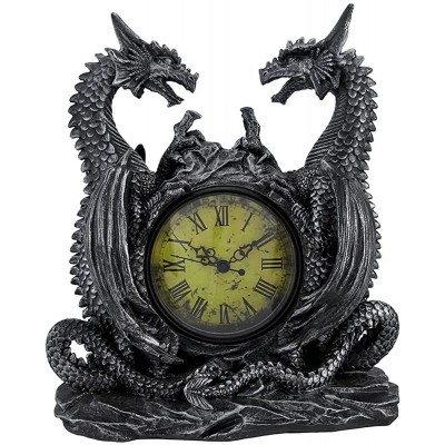 DWK Twin Dragon Gothic Bookshelf Clock | Desk and Shelf Clocks Dragon Home Decor | Decorative Fireplace Fire Dragon Figurines | Small Vintage Clock for Shelf 11" - BIRU55FW3