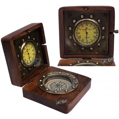 Vintage Nautical Clock Compass in Rose Wood Box Wooden Desktop Clocks Bedside Men WomenGifts - B8OQO99XQ