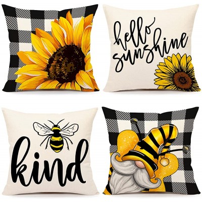 4TH Emotion Summer Decor Pillow Covers 18x18 Set of 4 Sunflower Bee Decorations for Farmhouse Pillows Hello Sunshine Decorative Throw Pillows Buffalo Plaid Throw Cushion Case for Home Decor TH107 - B0U62P4OI