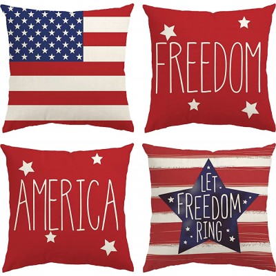 4th of July Decorations Pillow Covers 18x18 Independence Day Memorial Day Set of 4 American Flag Stars and Stripes Patriotic Throw Pillow Covers USA Freedom Pillows Decor - B7AOS1HXK
