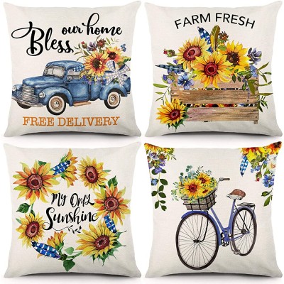 CDWERD Sunflower Throw Pillow Covers 18 x 18 Inch Set of 4 Summer Outdoor Decorations Pillowcase Blue and Orange Farmhouse Theme Pillowcase Linen Cushion Cover for Home Decor - B1EPKIRE1