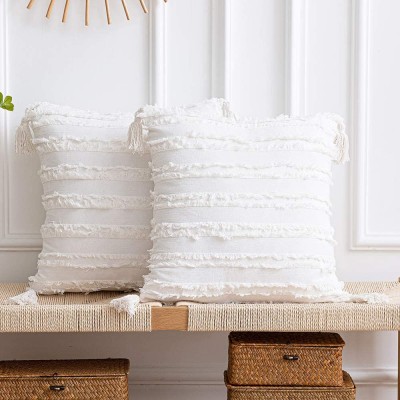 DEZENE 18x18 Throw Pillow Cases: 2 Pack Boho Striped Cotton Linen Square Decorative Pillow Covers with Tassels for Farmhouse Couch Sofa Chair Ivory White - BNYR61GRP