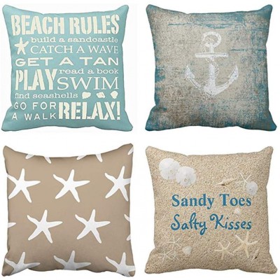Emvency Set of 4 Throw Pillow Covers Beach Starfish Words Rules Holiday Summer Nautical Anchor Distressed Taupe Decorative Pillow Cases Home Decor Square 18x18 Inches Pillowcases - BPMXYQ3PU