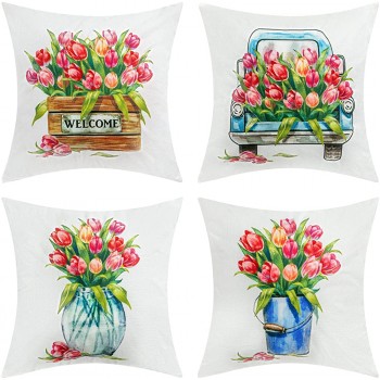 ESTTOP Spring Pillow Covers 18×18 Farmhouse Spring Decorations Vase Flower and Truck Rustic Throw Pillow Covers Spring Pillow Cases Home Decor - BG5V3ITP0