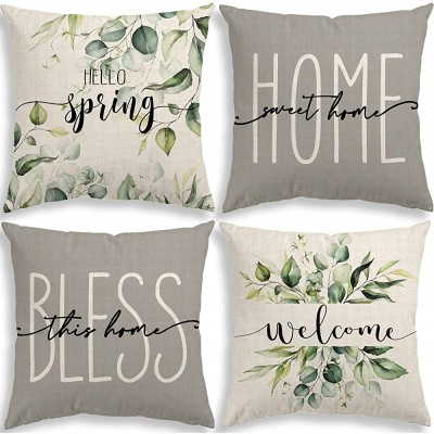 Farmhouse Pillow Covers 18x18 Set of 4 Hello Spring Home Sweet Home Eucalyptus Leaves Grey and White Cushion Case Spring Decorations for Sofa Couch - BUW6ZEICG
