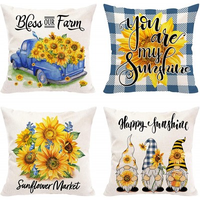 Hexagram Sunflower Pillow Covers 18 x 18 Summer Decorative Yellow Throw Pillow Cover Set of 4 Blue Orange Farmhouse Buffalo Plaid Truck Gnomes Pillowcase for Living Room Couch Patio Outdoor Home Decor - B7DSH3R2B