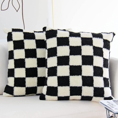 JOJUSIS Decorative Throw Pillow Covers Luxury Style Checkerboard Pattern Cushion Case Super Soft Faux Fur Wool Pillowcases for Couch Bedroom Pack of 2 18 x 18 Inch - BDD20XSW1