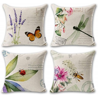 Onway Outdoor Garden Decoration Bee Butterfly Dragonfly Ladybug Pillow Case Leaf Lavender Flower Decorative Throw Pillow Covers 18 x 18 Inches Set of 4 - BT49RCVQ5