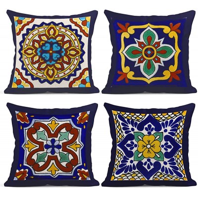 Semtomn Set of 4 Linen Throw Pillow Covers Spanish Talavera Exotic Geometry Dark Retro Ethnic Home Decorative 18"x18" Flax Pillow Cases Cushion Square Pillowcases - BKW11GHM4