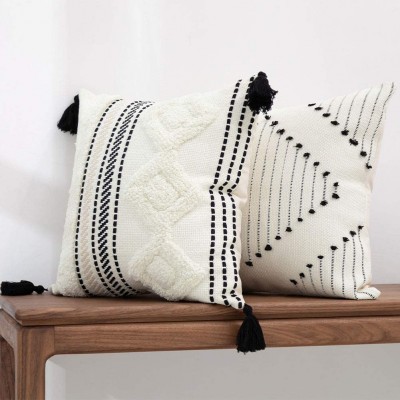 Set of 2 Morocco Boho Throw Pillow Covers 18x18 Tufted Woven Square Decorative Pillows Cover Neutral Farmhouse Throw Pillows for Couch Bed Modern Accent Home Decor Black Yellowy Cream - B5P219YU6