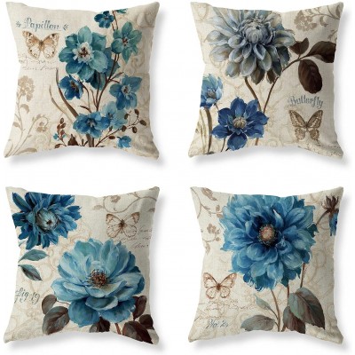 Set of 4 Farmhouse Blue Flower Throw Pillow Covers 18x18 Inch Orchid Butterfly Cotton Linen Floral Cushion Case Outdoor Sofa Throw Pillows Cover for Couch Living Room Bed Indoors Home Decor - BP5INSF24