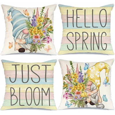 Spring Pillow Covers 18x18 Set of 4 Spring Decorations for Home Hello Spring Gnomes Bloom Pillows Easter Decorative Throw Pillows Spring Easter Farmhouse Decor A555-18 - BCUMVN7H7