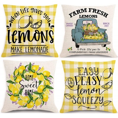 Summer Lemon Pillow Covers 18x18 Inches Set of 4 Farmhouse Lemon Lavender Throw Pillowcase Decorations Buffalo Check Plaid Decorative Cushion Case for Spring Summer Home Decor - BXWN6EQK4