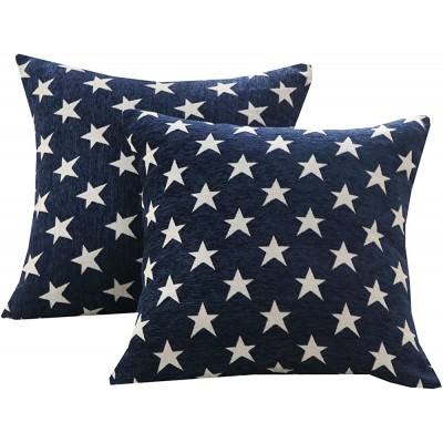 Sunday Praise Set of 2 Soft Chenille Decorative Patriotic Throw Pillow Cover Case Geometric Stars July 4th Accent Square Cushion Cover Case Sham for Couch Sofa Bed Car 18 x 18 Inch 45x45cm Blue - BAI8HRQ6D