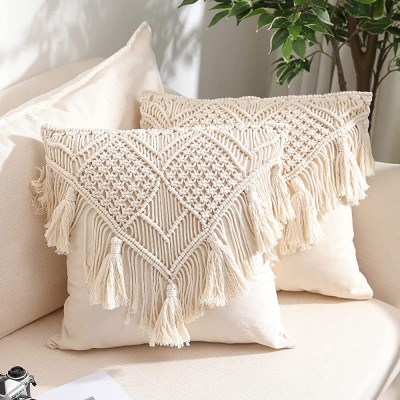 Throw Pillow Covers Macrame Cushion Case Woven Boho Cushion Cover for Bed Sofa Couch Bench Car Home Decor Comfy Square Pillow Cases with Tassels Set of 2 Decorative Pillowcase 17X17 inch Cream - B7Z4AAV32