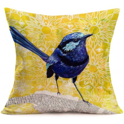 Tlovudori Oil Painting Blue Robin Bird Throw Pillow Covers Yellow Background Lovely Animal with Chrysanthemum Pattern Cotton Linen Decorative Cushion Case Cover 18"x18" for Sofa Blue Robin Bird - BU58G7IBY