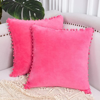 VK Living Decorative Throw Pillow Covers with Pom Poms Soft Velvet Pillow Cases Cushion Covers 18 X 18 for Couch Bedroom Car Sofa Indoor Outdoors,Velvet Throw Pillow Covers Pompom,Pink - B69Q8FOUV
