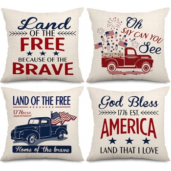 Whaline 4 Pieces July 4th Pillow Cover Independence Day Cushion Case American Pillow Shams Patriotic Throw Pillowslip Text & Truck Pillow Cases for Sofa Couch Bedroom Home Decor 18" x 18" - BEFZAUVXG