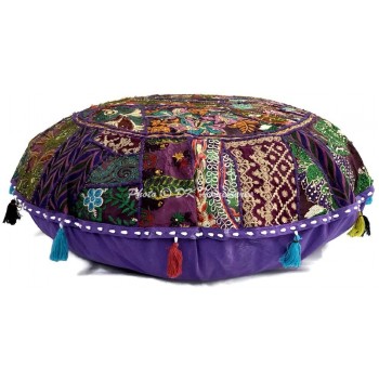 DK Homewares Indian Ethnic Bohemian Floor Pillow Cover Purple 32 Inch Patchwork Meditation Ottoman Stool Home Decor Embroidered Vintage Cotton Round Floor Cushions Seating for Adults 32x32 - BMUIA9KRD