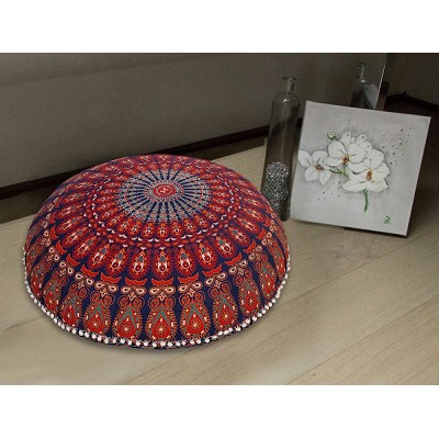 flyingasedgle Indian Large Round Pillow Cover Decorative Mandala Pillow Sham Indian Bohemian Ottoman Poufs Pom Pom Pillow Cases Outdoor Cushion Cover Navy Blue 32" inches Round - BA2U0XP7W