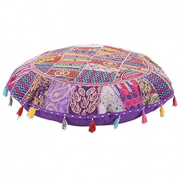 Indian Handmade Vintage Embellished Patchwork Home Decor Hippie Cotton Boho Chic Bohemian Hand Embroidered Ethnic Foot stool Round Floor Pillows & Cushion Cover Seating Pouf Ottoman 24 inch Dia. - BJZSZTA3D