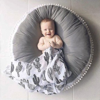 Kids Floor Pillow Cushion Seating Round Large Floor Cushion Oversized Circle Pillow for Reading Nook Canopy Nursery Playroom Teepee Meditation Soft Big Circular Cushion with Cute Pompom Grey 35" - BZI4ZZOCE