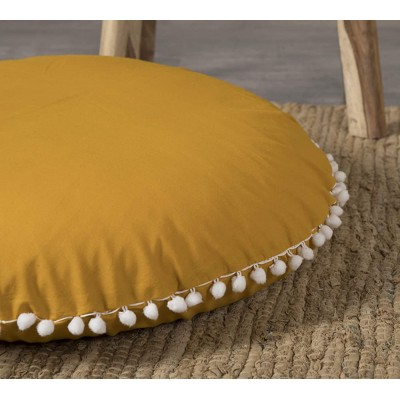 Popular Handicrafts Large Cotton Hippie Floor Pillow Cover Solid Decorative Cushion Cover with Pom Poms Soft Particles Pouf Cover Round Bohemian Yoga Decor Floor Cushion Case- 32" Mustard Yellow - B19UJI49W