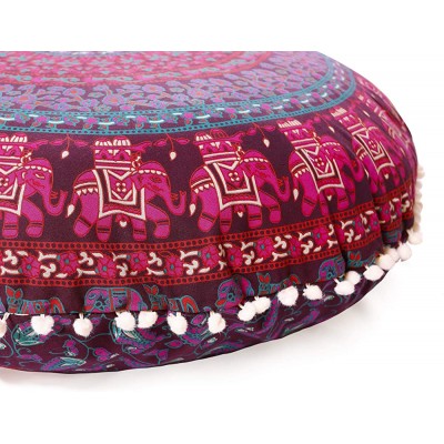 Popular Handicrafts Large Hippie Elephant Mandala Floor Pillow Cover Cushion Cover Pouf Cover Round Bohemian Yoga Decor Floor Cushion Case- 32" Purple - BBIHVR7MR