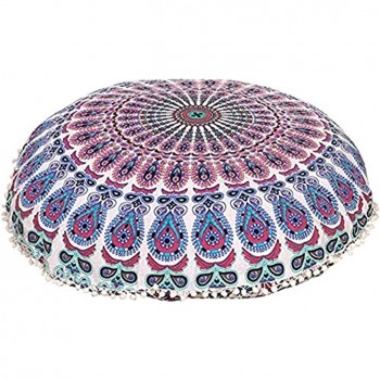 Rajasthaniartdecor Round Pouf Cover Cushion Cover Cotton with Pom Pom Pouf Cover Meditetion Seating for Living Dorm Room Color Size 32" Inches Cover Only White Pink - BD4KIUPYE
