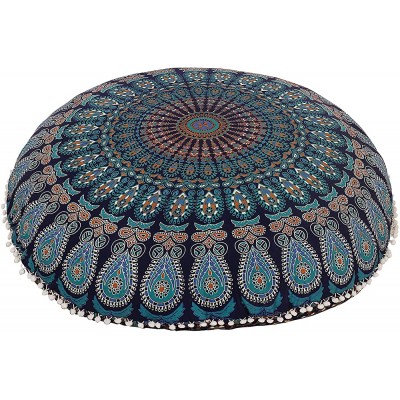 Shubhlaxmifashion 32" Blue Mandala Floor Pillow Cushion Seating Throw Cover Hippie Decorative Bohemian Ottoman Poufs Pom Pom Pillow Cases,Boho Indian - BHQZXSU76