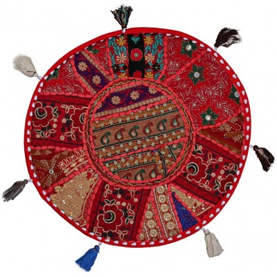 Stylo Culture Ethnic Round Throw Pillows Vintage Patchwork Floor Cushion Cover Red Throw Pillow 18 Small Decorative Decor Seating Tuffet Seat Pouf Cover Footstool Cotton Embroidered 1 Pc - BSE90VSNA
