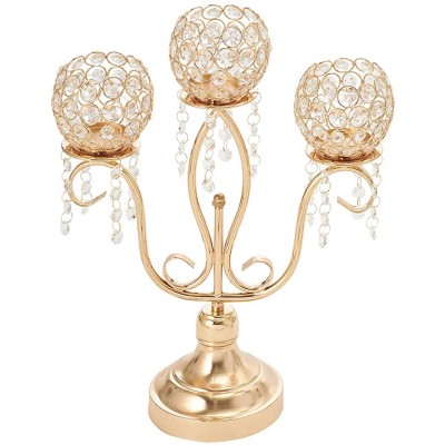 3 Arm Candelabra Crystal Metal Candle Holder for Parties Weddings and Special Events Premium-Quality Crystal Candelabra Holder with Glass Cylinders Gold 13.5" x 5.5" x 16.5" - BYL683B1V