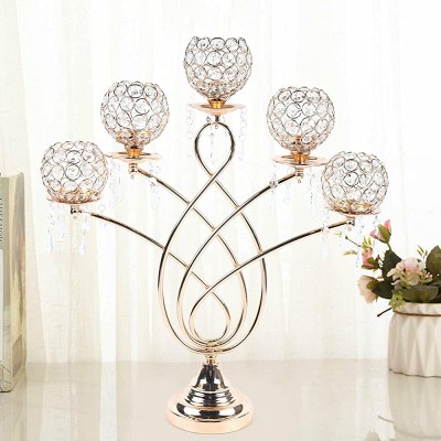 5 Arm Gold Crystal Candelabra Votive Dinner Candle Holders,Metal+Crystal Pillar Table Centerpiece,Gold Coloured Crystalstick,Creative Wedding Dinner Party Event Table Decoration,24.4Inch Height - BCPFX2S3T